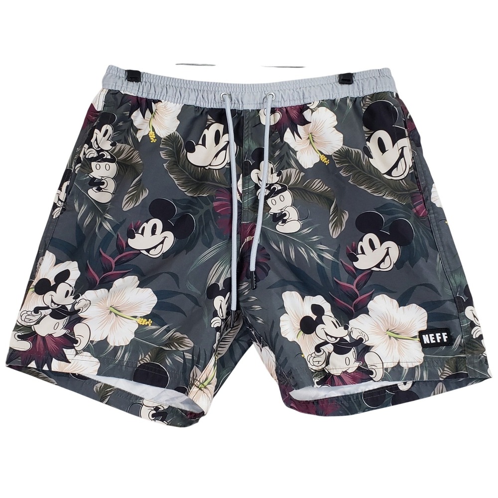 Neff Disney Mickey Mouse Board Shorts Mens L Grey Tropical Floral Swim Trunks